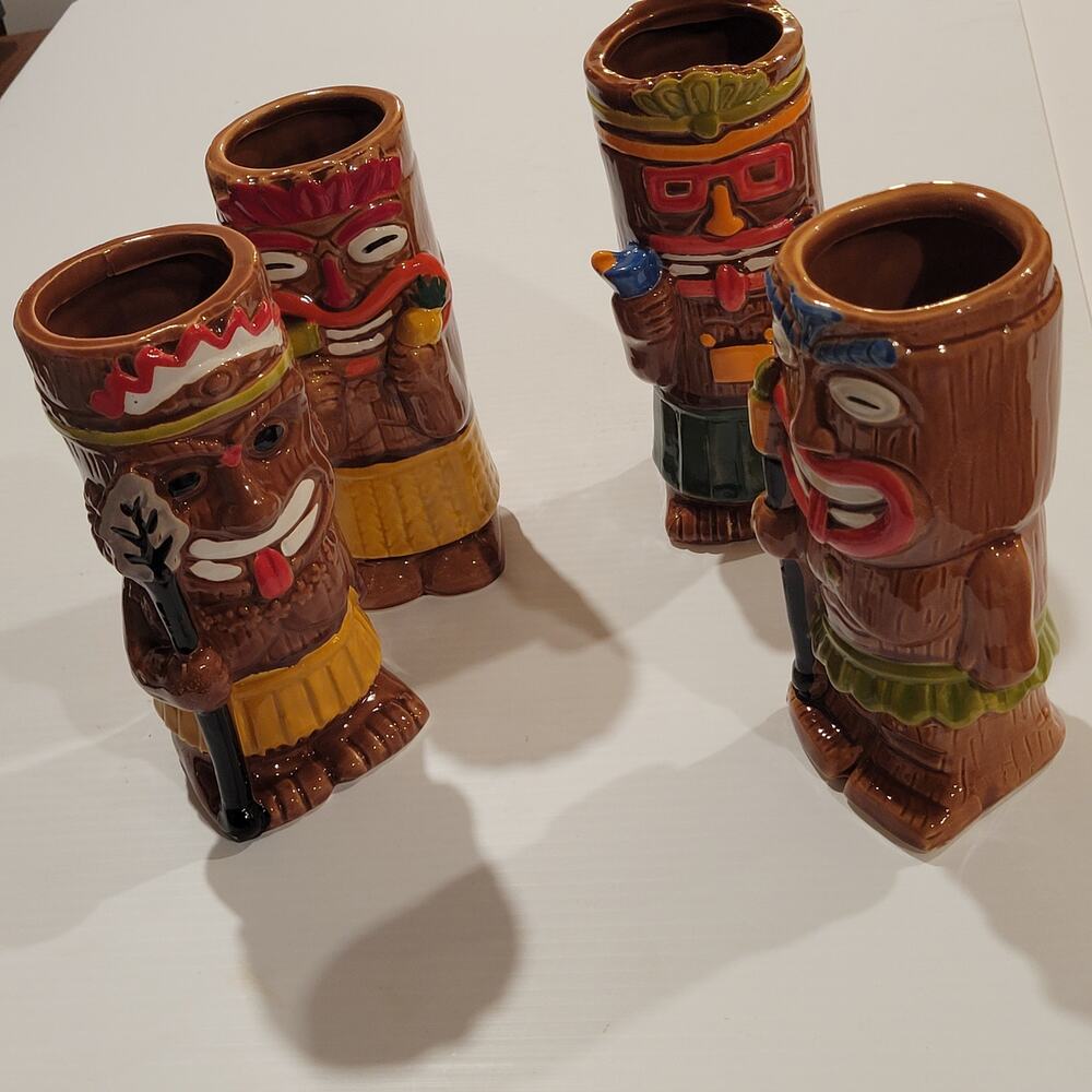 Cocktail Tiki Mugs Set Of 4 Exotic Mug Drinkware Glossy New